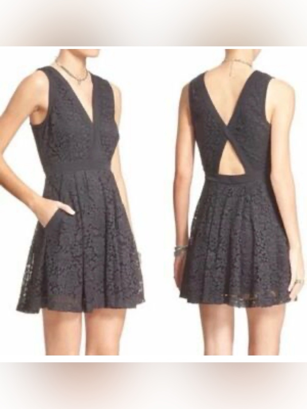 Free People Black Lace V-Neck Mini Dress